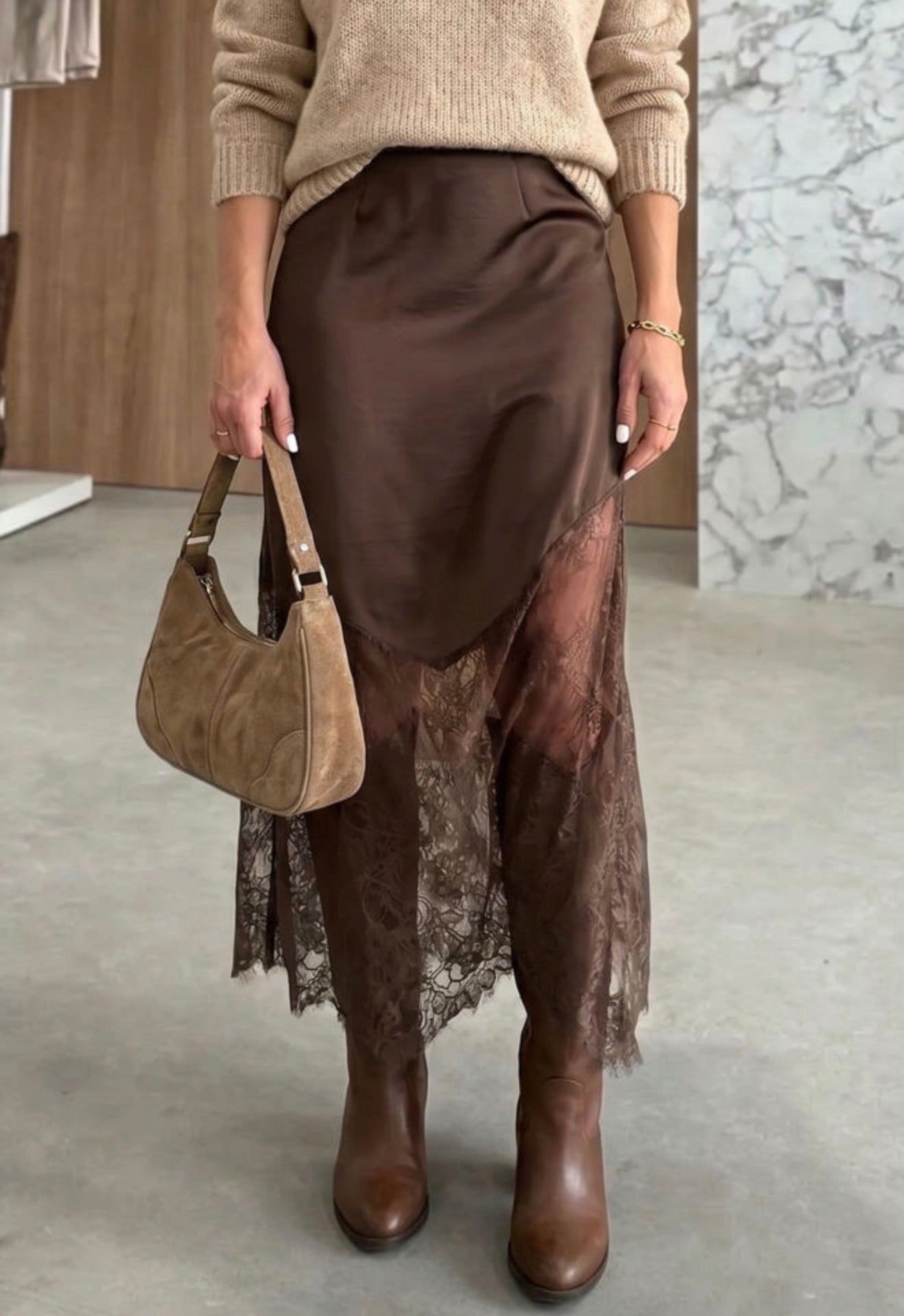 MLLS Chocolate Brown Lace Detailed Long Skirt