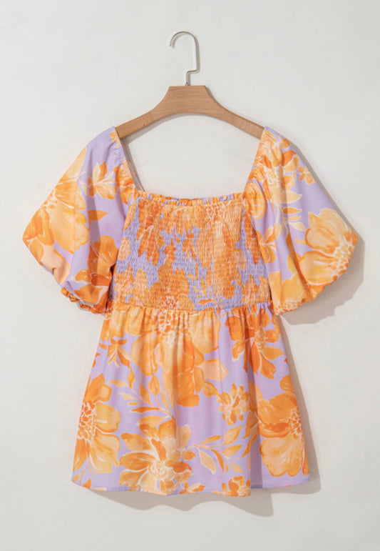 PP31 Purple and Orange Floral Square Neckline Puff Sleeve Top with Gathered Elastic Bodice for Flattering Fit