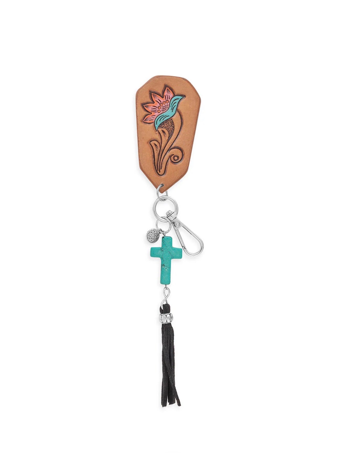 MY22 Founded in Faith Key Fob with Faux Turquoise Cross, Embossed Leather Tab and Tassel Detail