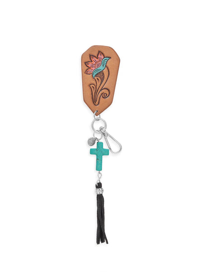 MY22 Founded in Faith Key Fob with Faux Turquoise Cross, Embossed Leather Tab and Tassel Detail