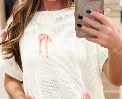 A58 Ivory Lightweight Spring Sweater with Bow Accents
