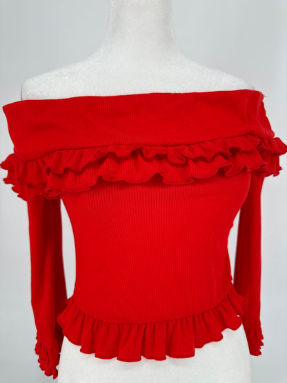 Red Ruffled Crop Top 3/4 Length Sleeve