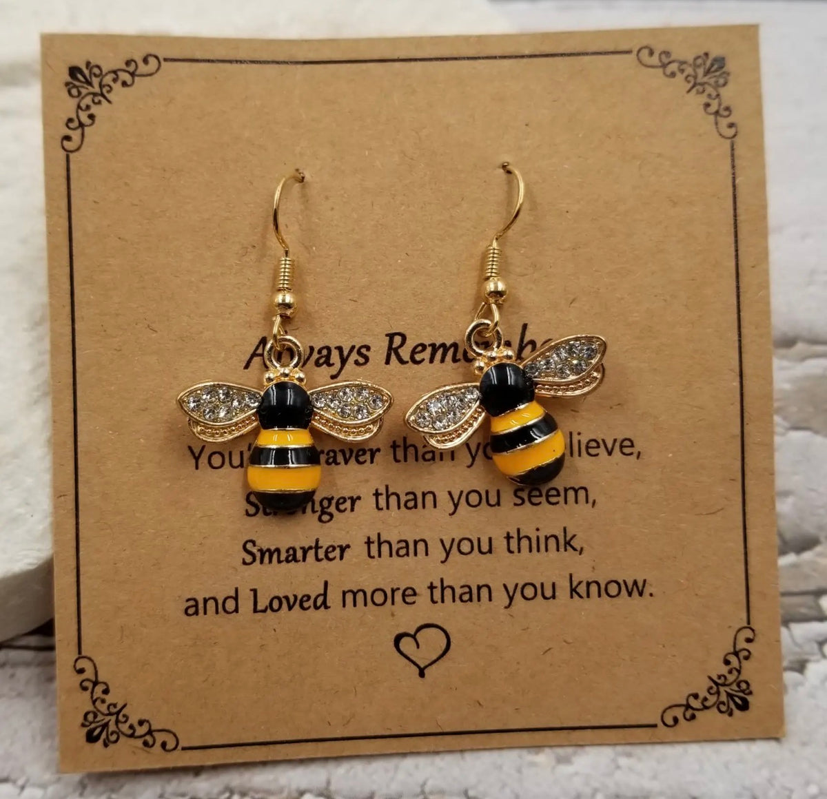 Ivy's Gifts & Boutique BER Bee Always Remember sentiment earrings with card, gold-tone bee design and heartfelt message.