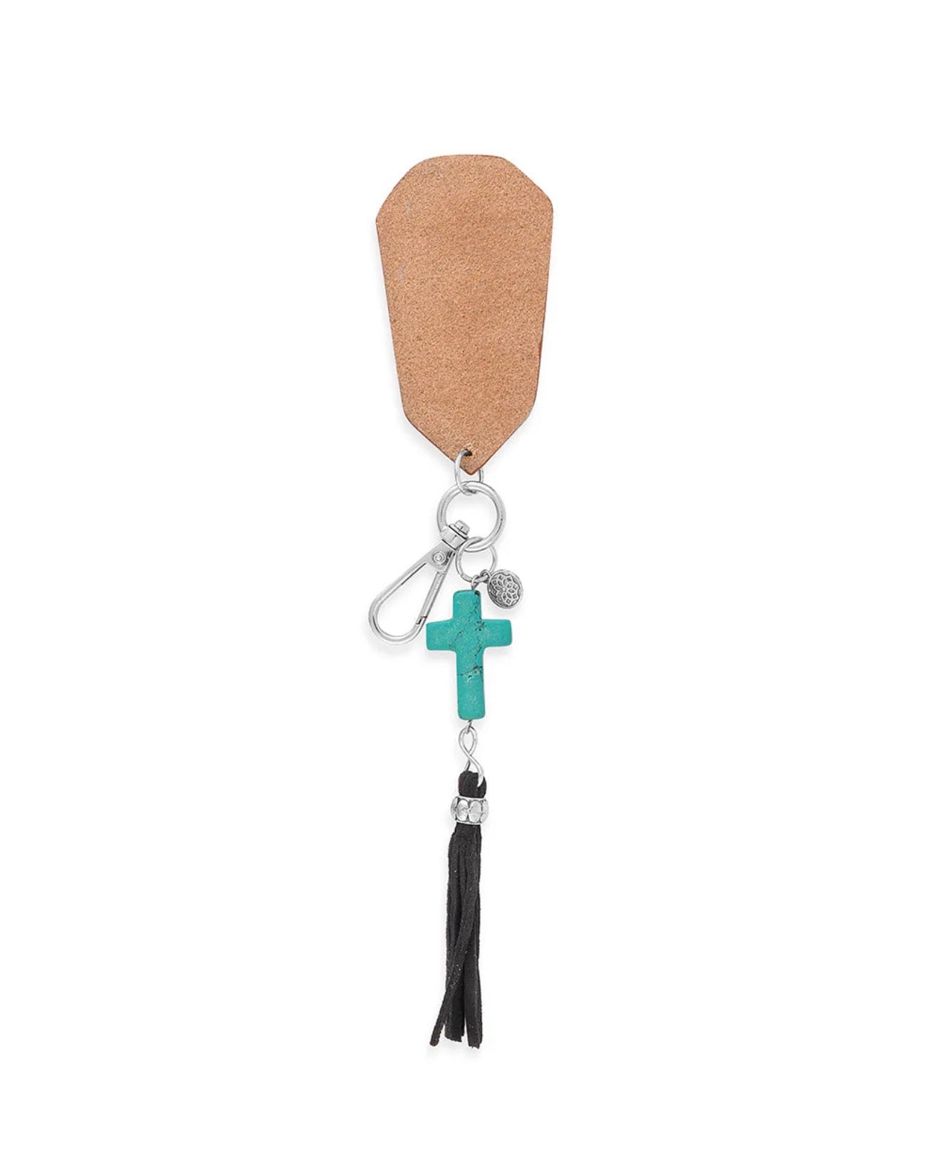MY22 Founded in Faith Key Fob with Faux Turquoise Cross, Embossed Leather Tab and Tassel Detail