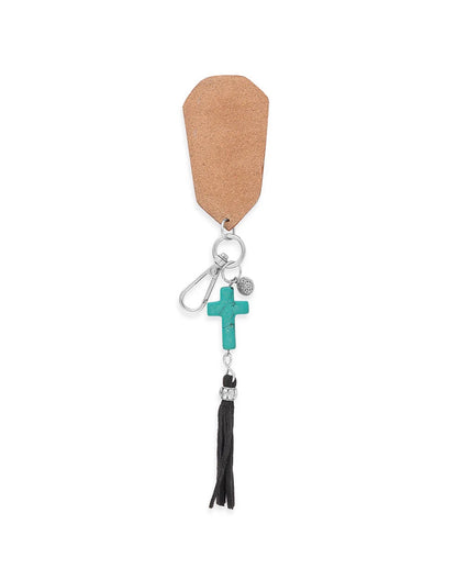 MY22 Founded in Faith Key Fob with Faux Turquoise Cross, Embossed Leather Tab and Tassel Detail