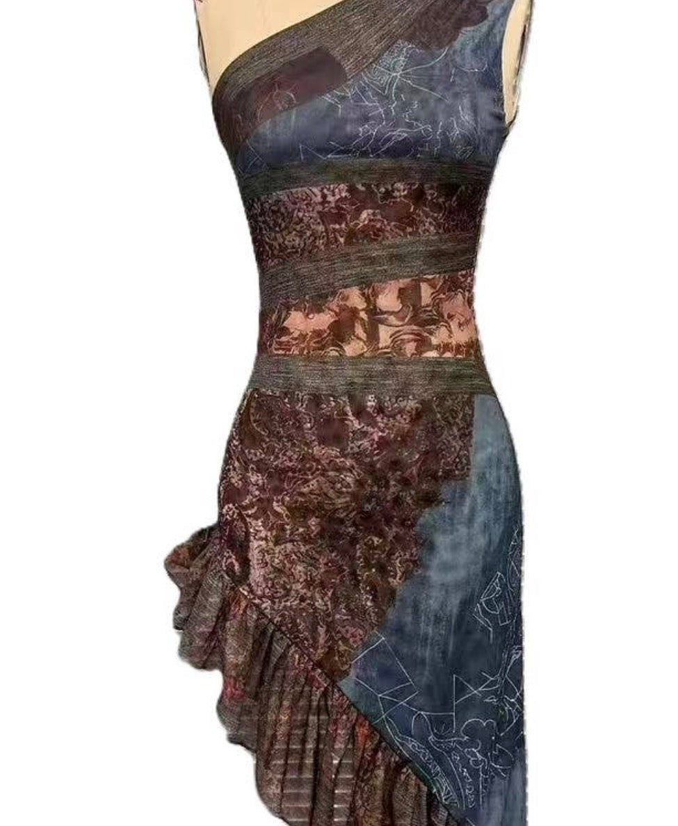 Western style asymmetrical hem dress with chocolate brown lace accents by Ivy's Gifts & Boutique, shown on a model.