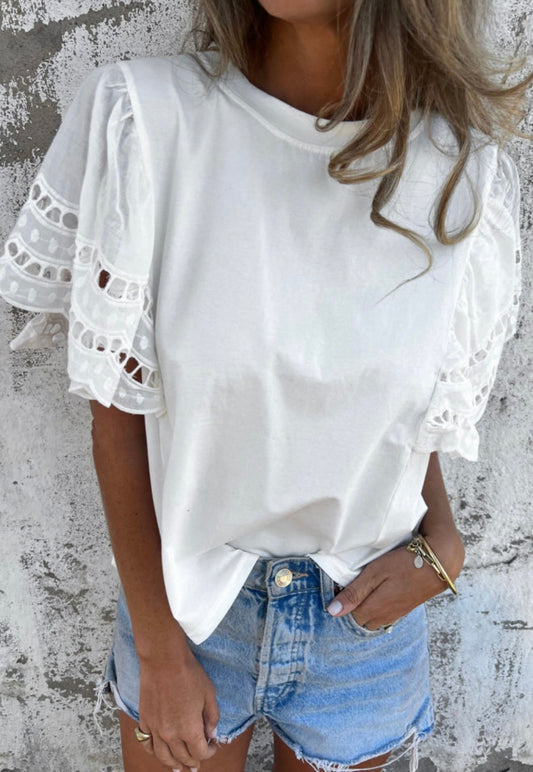 White Eyelet Ruffled Butterfly Sleeve Top
