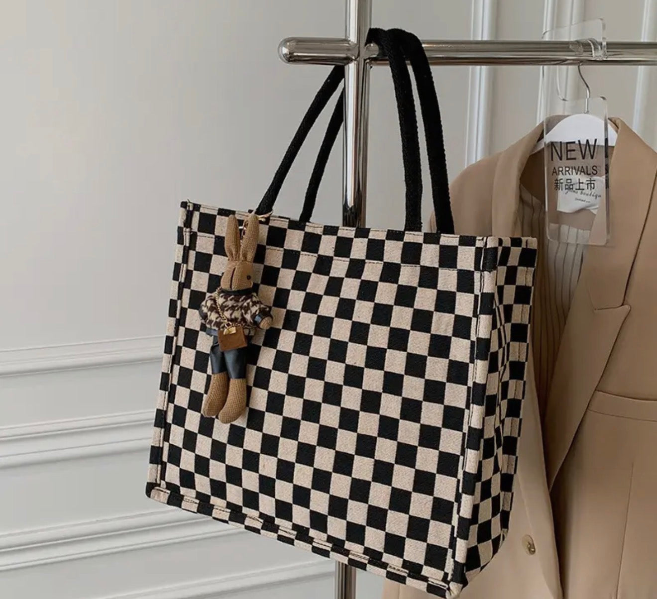 A112 Checkered Tote Bag with Rabbit Bag Charm