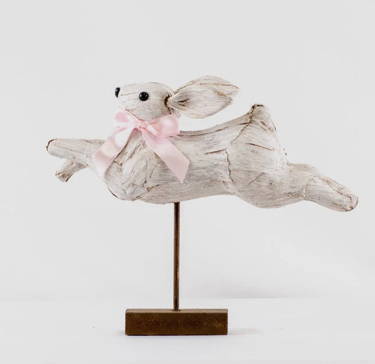 White Antique Style Leaping Bunny Rabbit with Pink Ribbon and Stand