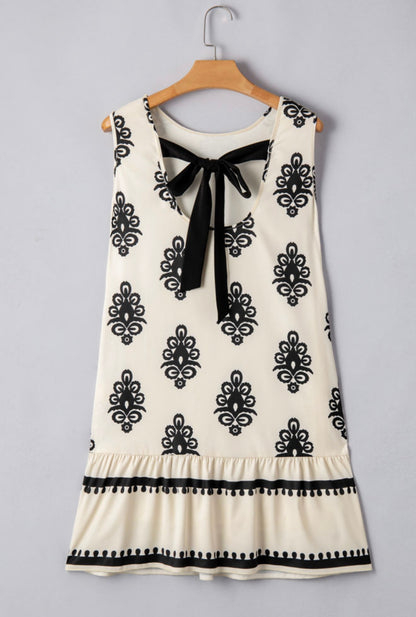 Ivory and Black Print Dress with Back Tie at neck