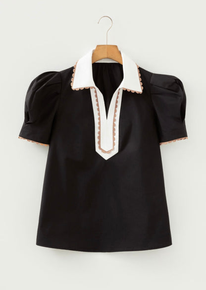 A10 Black Blouse with White Collar and Rick Rack Trim - Ivy's Gifts & Boutique