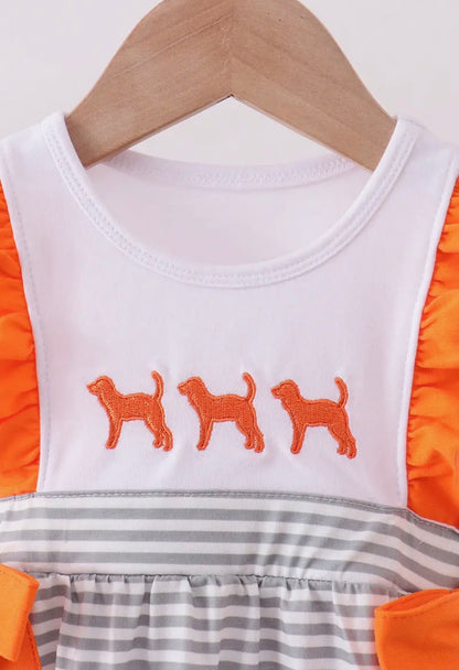 Orange and white toddler romper with gray stripe embroidery and side bows, featuring a bubble style from Ivy's Gifts & Boutique.