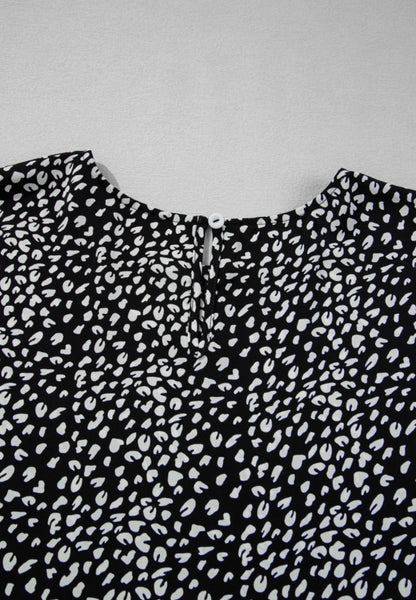 PP28 Black and White Pebble Print Tiered Flowy Top with short Ruffle Trim Sleeves
