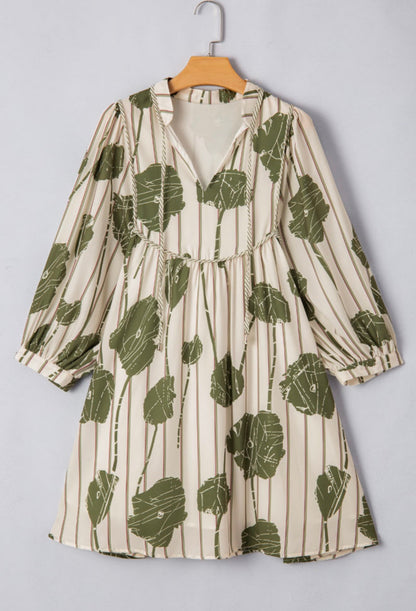 Green Printed Dress with Stripe and Piping Tie