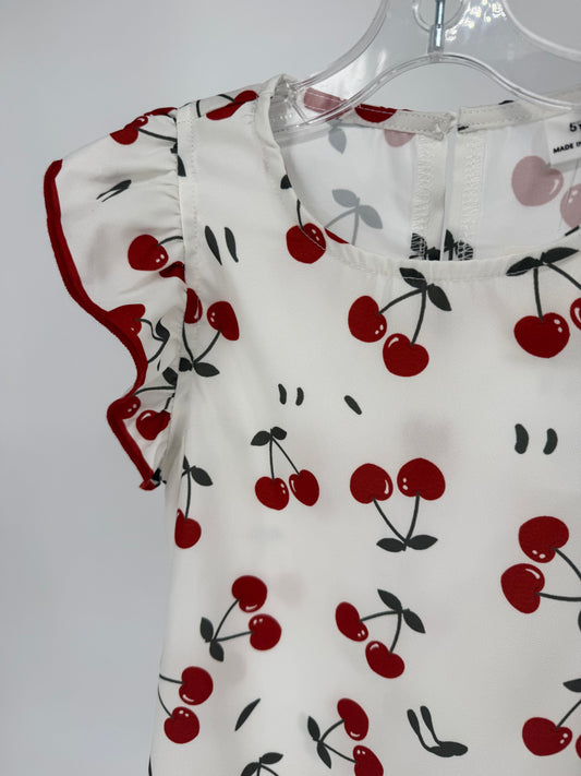 CH3 Children's White Dress with Cherry Print and Ruffle Cap Sleeves