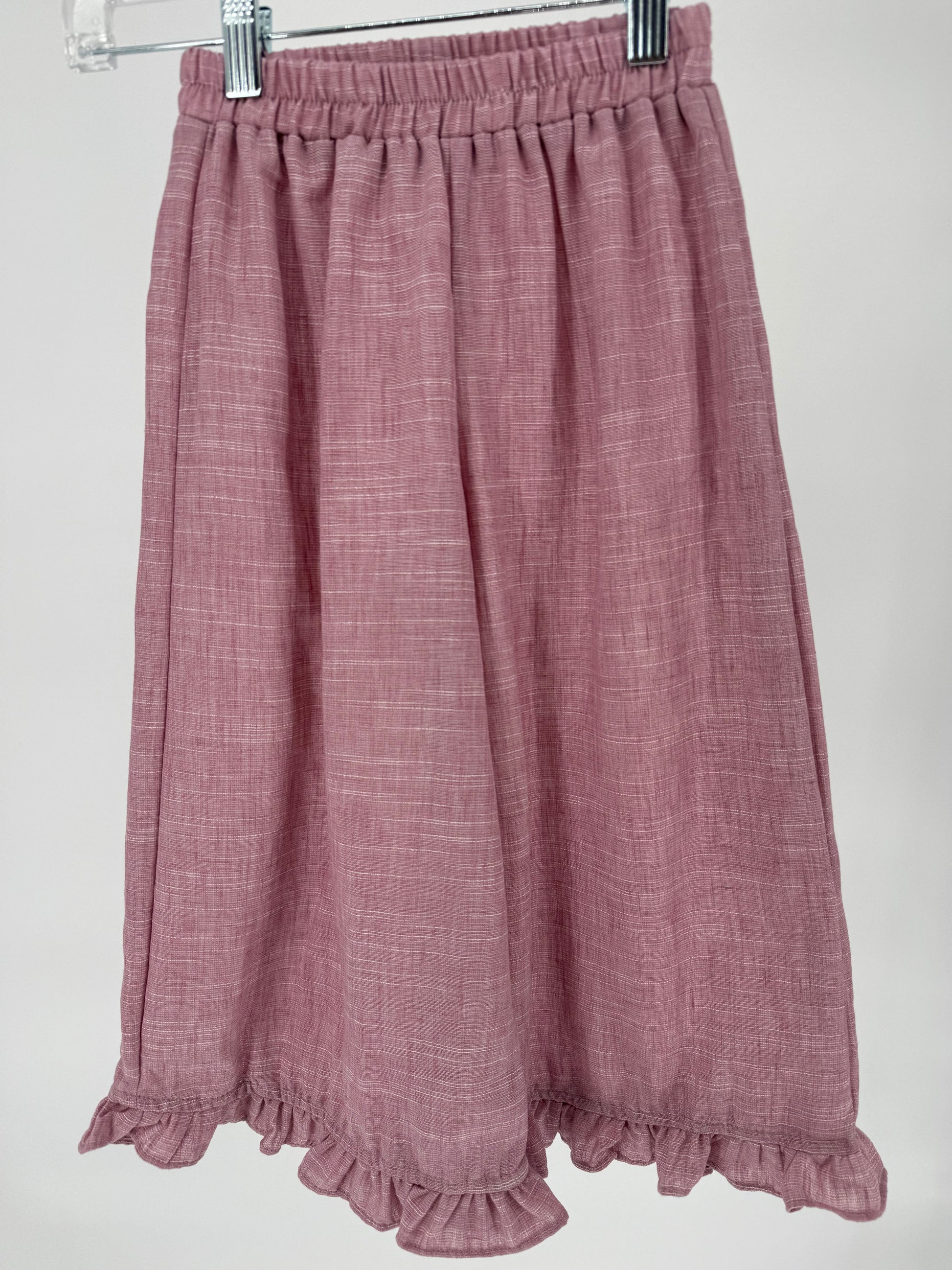 Children's light plum textured fabric wide-leg pant set with ruffle hem, featuring two-piece design from Ivy's Gifts & Boutique.
