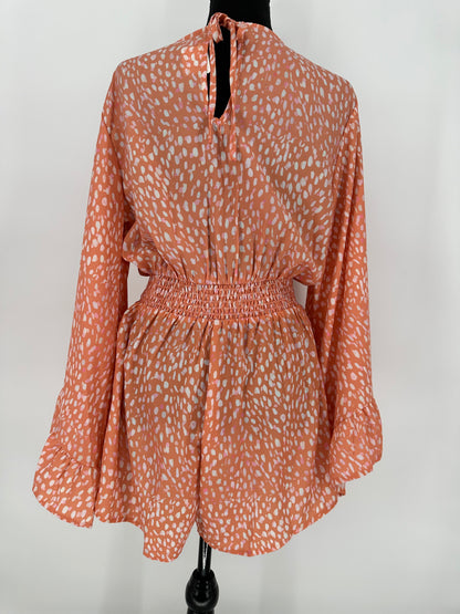 Orange Romper with Long Bell Sleeves and Cinched Elastic Waist