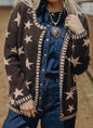 MLSS Brown Button Up Cardigan Sweater with Star Details and Blanket Stiching on Pockets,Cuffs, Neck and Hem