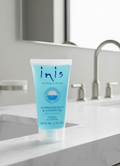 Inis bath and body products set with bottles of lotion, body wash, and skincare items displayed on a white background.