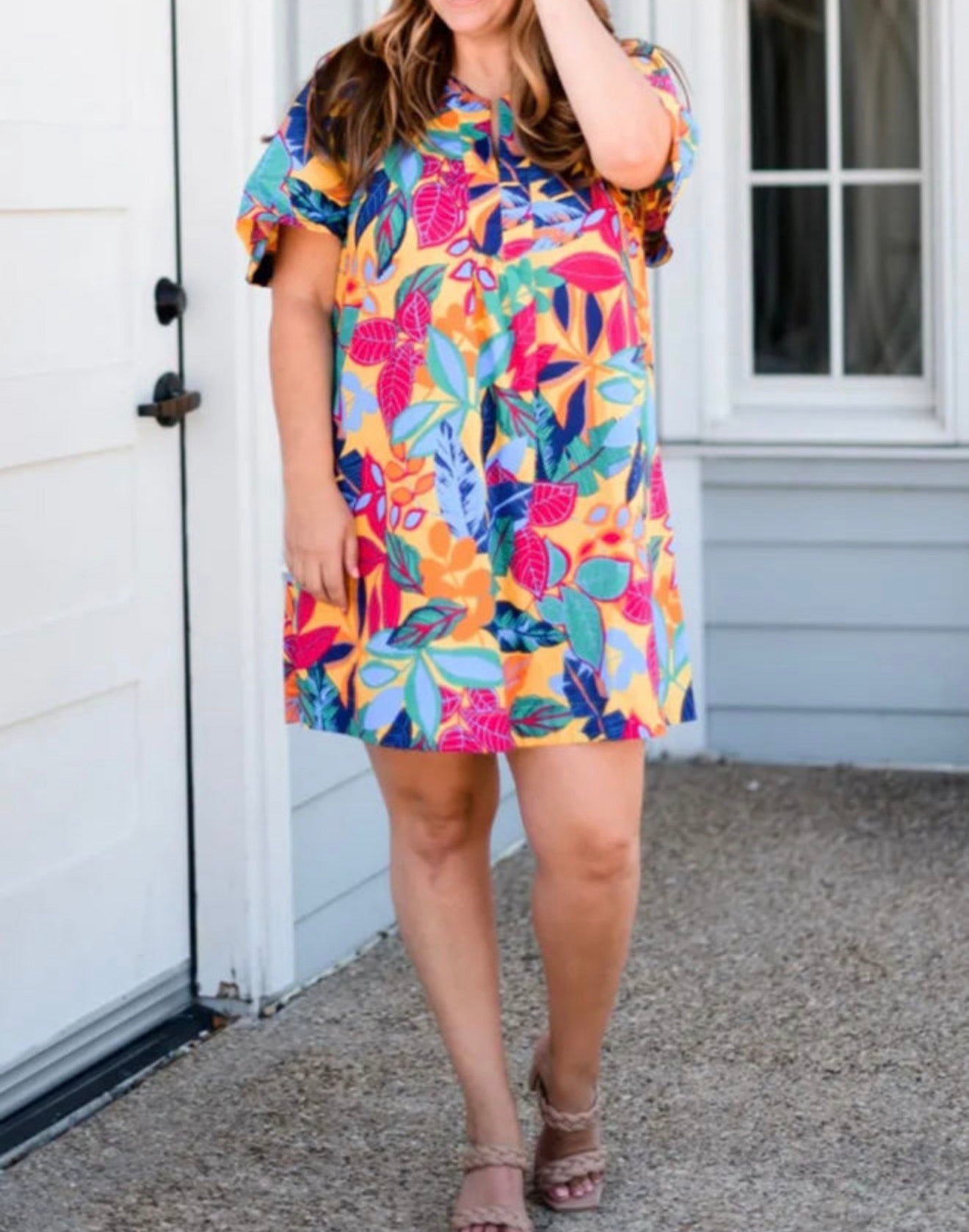 PP32 Multi Color Tropical Leaf Print Shift Dress with Split Neckline and Short Sleeves