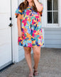 PP32 Multi Color Tropical Leaf Print Shift Dress with Split Neckline and Short Sleeves