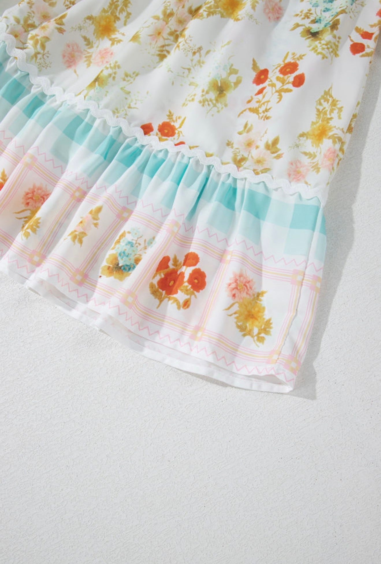 Patchwork Gingham and Floral Print Dress with Rick rack accent