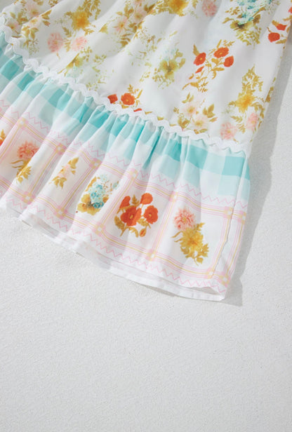 Patchwork Gingham and Floral Print Dress with Rick rack accent