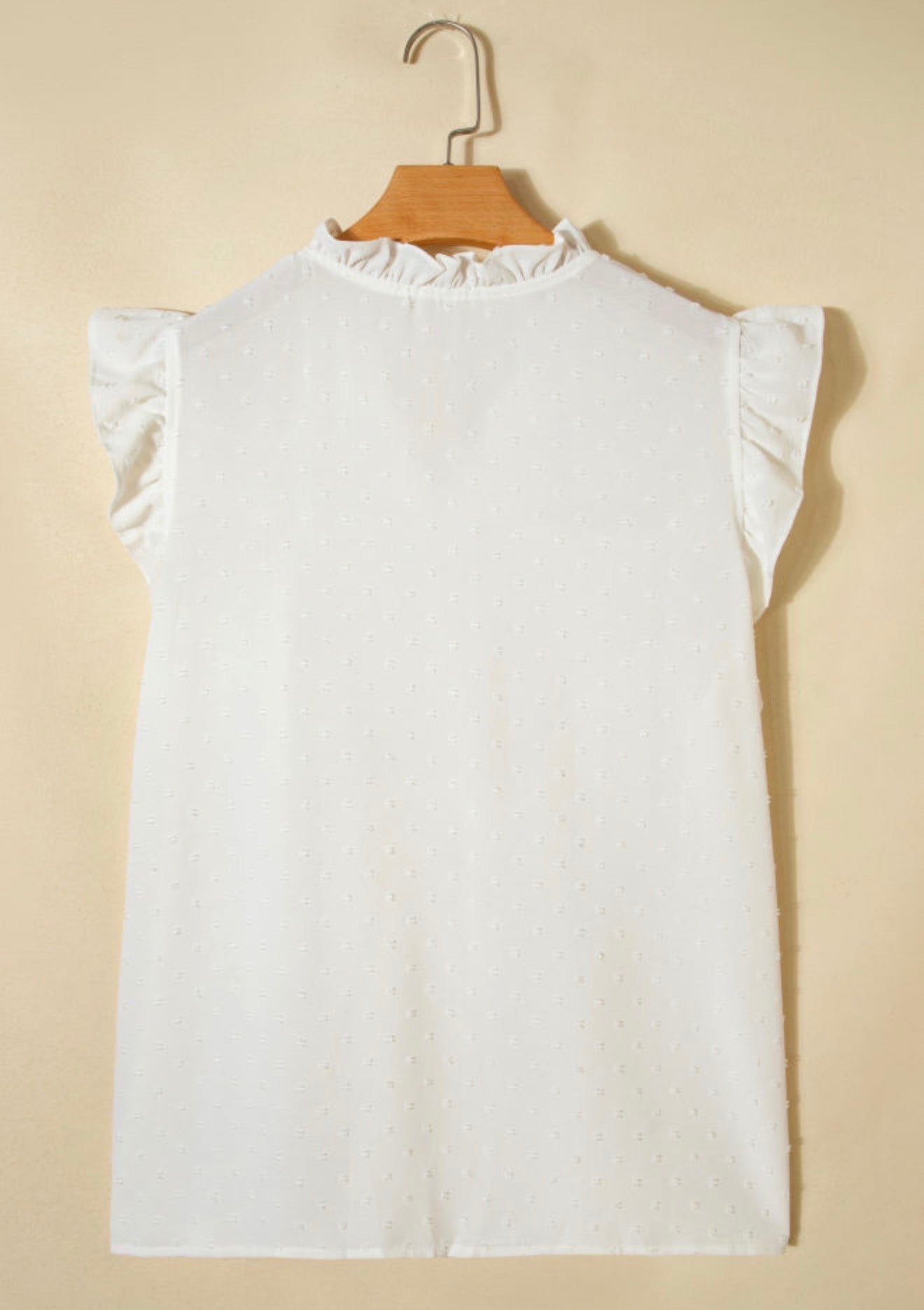 PP18 White Ruffle Lace Trimmed V Neck Top with Swiss Dot Fabric and Carefree Fit