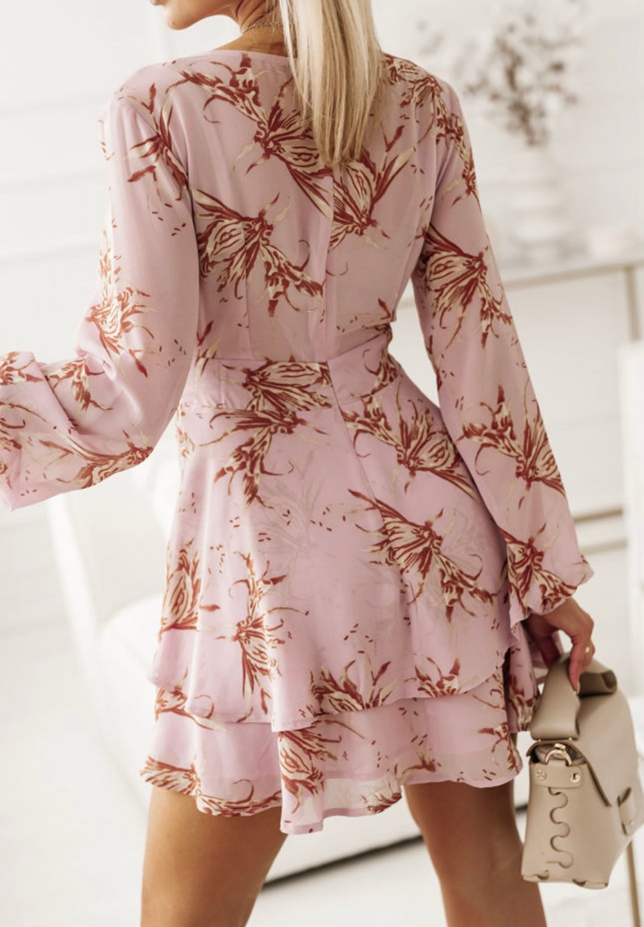 Pink Abstract Printed Belted Dress with Ruffled Hem