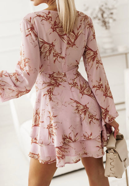 Pink Abstract Printed Belted Dress with Ruffled Hem