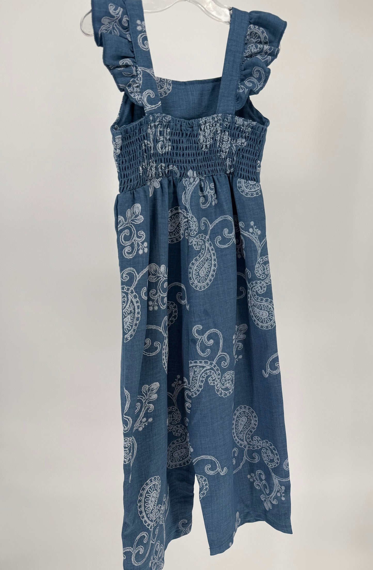 CH13 Children's Blue Paisley Print Wide Leg Jumpsuit with Elastic Back Bodice and Ruffle Cap Sleeves ￼