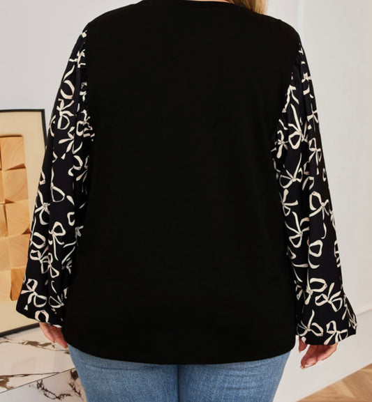 A44 Black Top with Bow Accent Long Puff Sleeve - Ivy's Gifts & Boutique