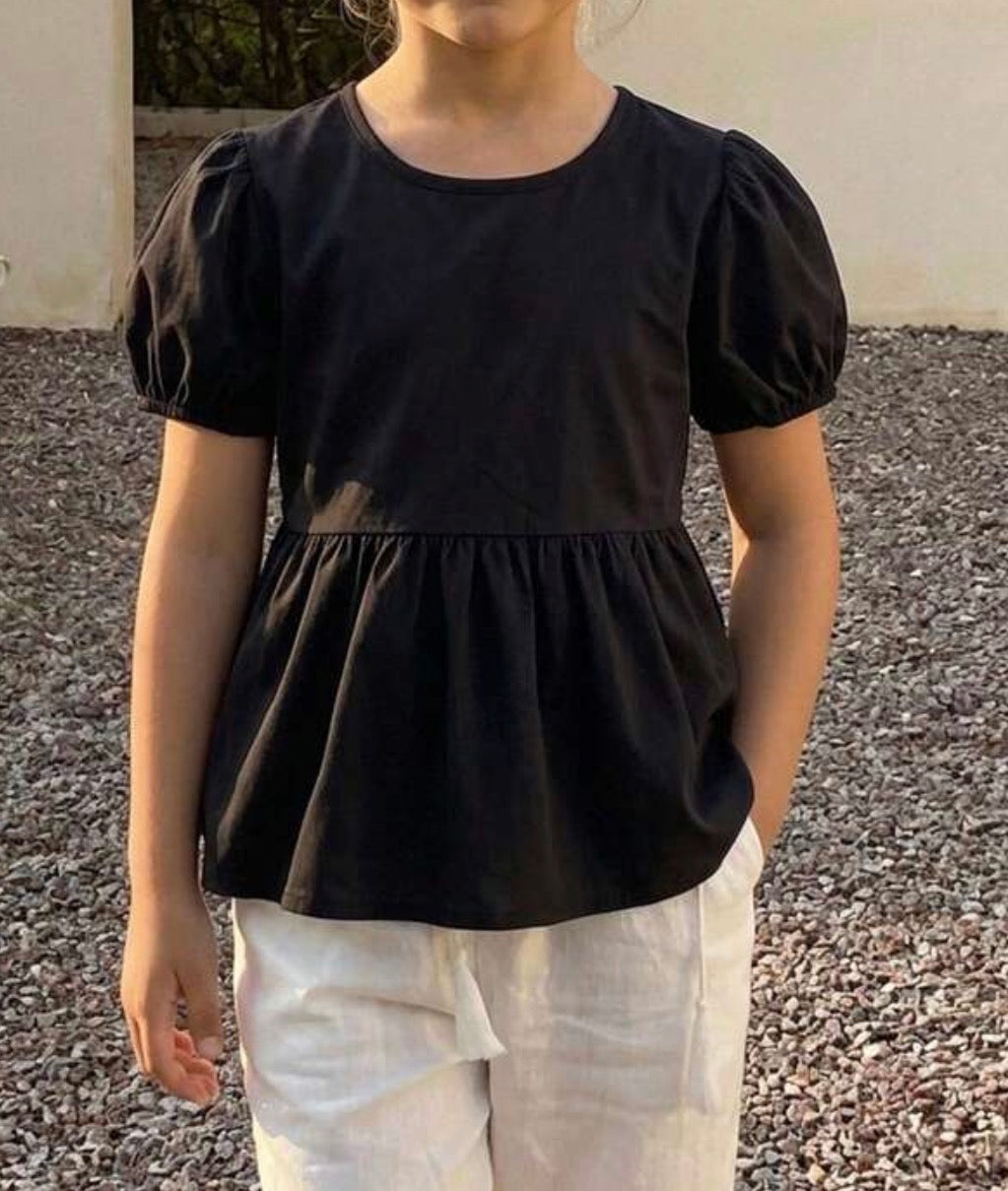 TP2 Black Peplum Style Top with Keyhole Neck Closure and Puff Short Sleeves