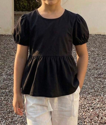 TP2 Black Peplum Style Top with Keyhole Neck Closure and Puff Short Sleeves
