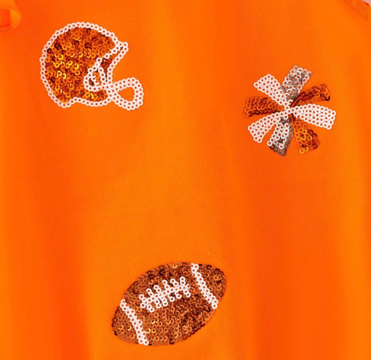 Orange bubble suit for kids with sequin embellishments, featuring a playful and shiny design from Ivy's Gifts & Boutique.