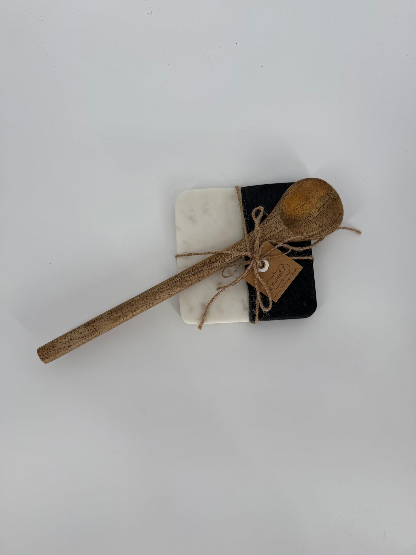 Two Tone Black and White Marble Spoon Rest with Artisan Wooden Spoon included