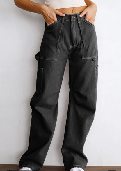 Black Cargo Pants with White Contrast Stiching