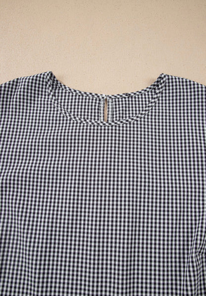 PP14 Black and White Miniature Plaid Round Neck Top with Bow Accented Bell Sleeves