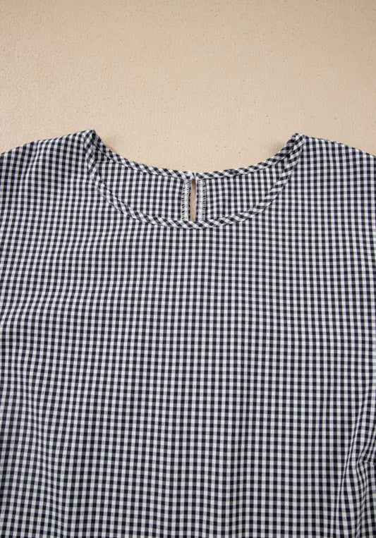 PP14 Black and White Miniature Plaid Round Neck Top with Bow Accented Bell Sleeves
