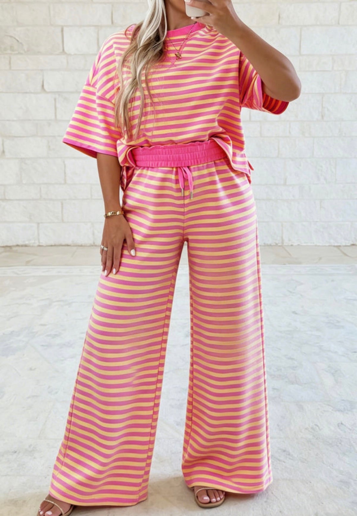 MLPYS Pink and Yellow 2 piece Pant Set with Drawstring Elastic Waist and Pockets