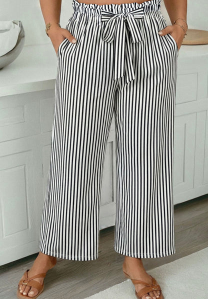 PP4 Paper Bag Style Elastic Waist Black and White Stripe Pants with Tie Belt