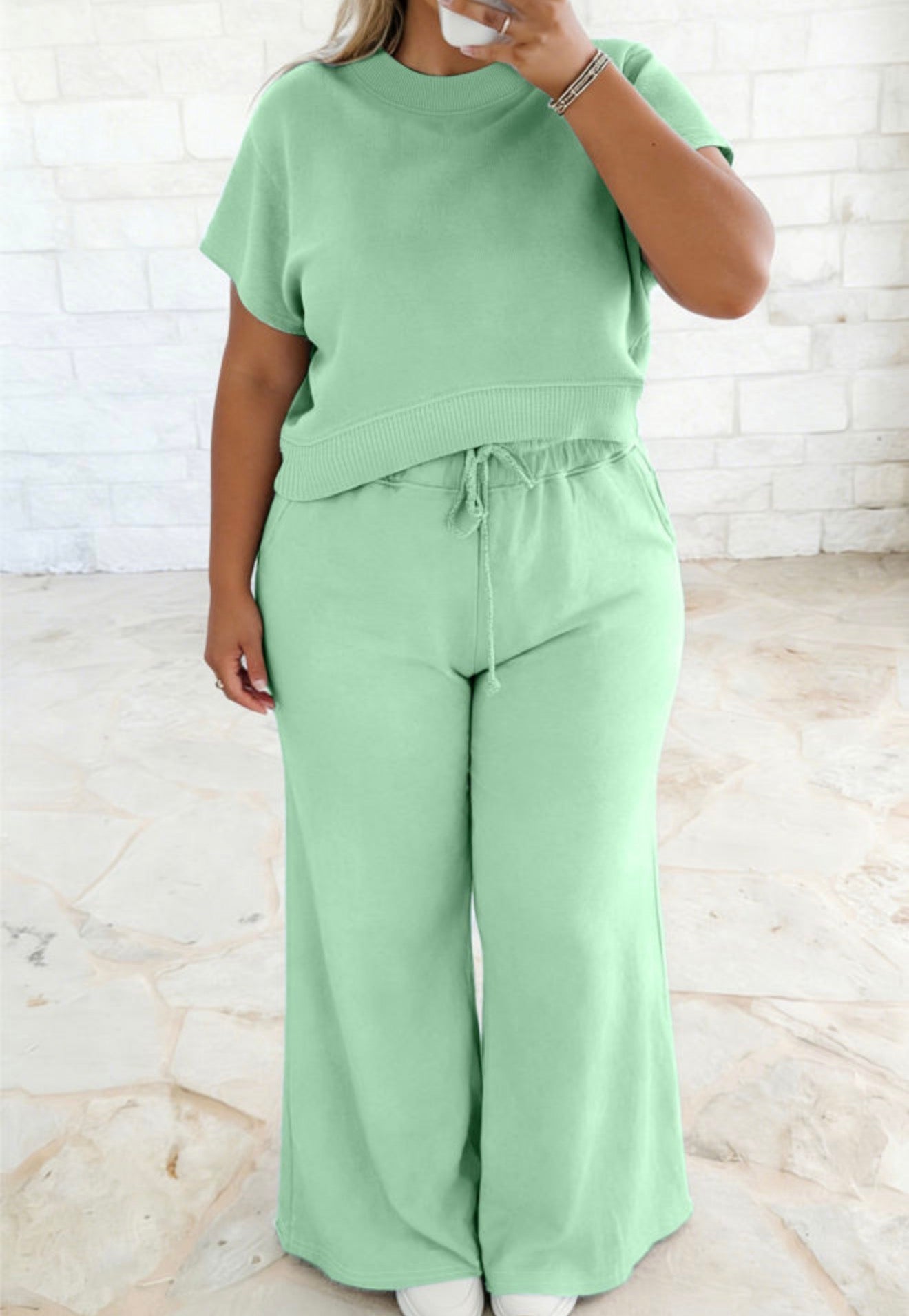 PP7 Mint Green 2 Pc Pant Set with Short Sleeve Top and Elastic Waist Draw String Pants