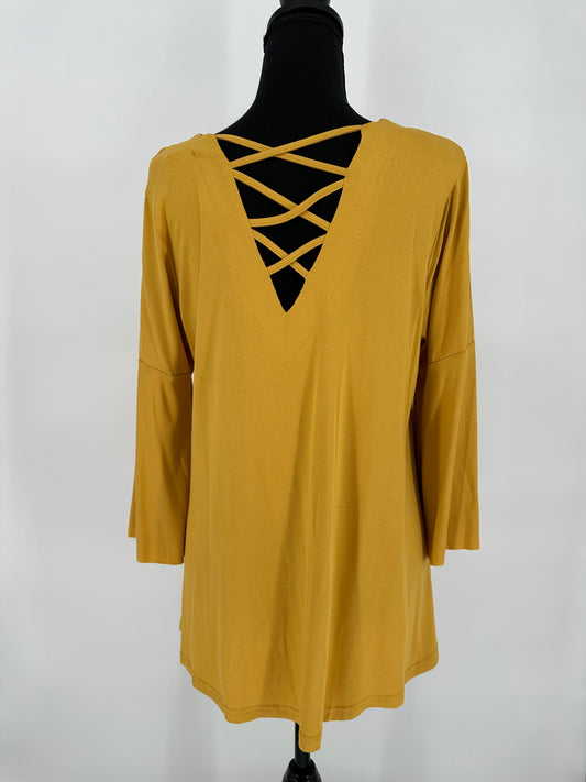 Umgee Mustard Lattice Neck/Back Detail Top