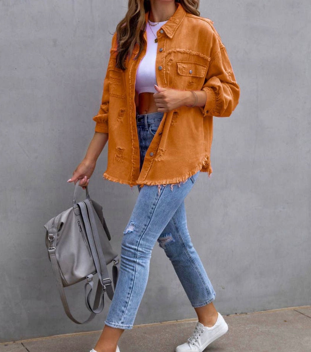 Orange denim casual lapel shacket by Ivy's Gifts & Boutique, featuring a relaxed fit and button-front design.