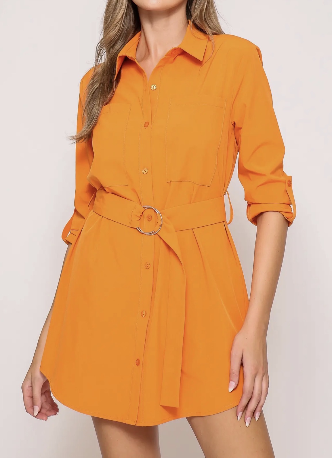 TN10 Orange Stylish Belted Shirt Dress