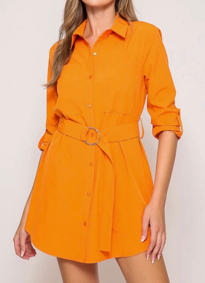TN10 Orange Stylish Belted Shirt Dress