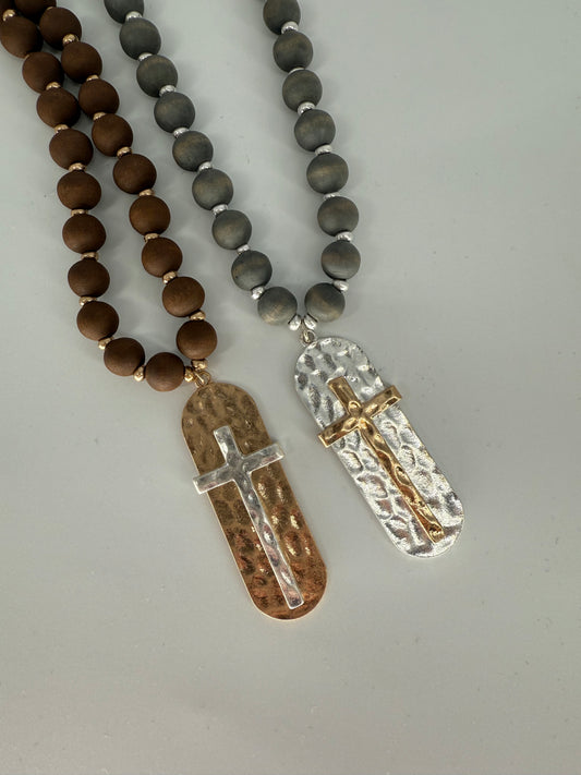 Wood Bead Two Tone Cross Necklace