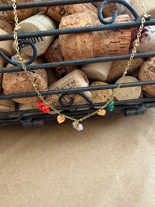 J24 Beaded Flower and Tiny Heart Charm Stainless Necklace