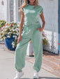 MLSJ Sage Green 2 piece Jogger Pant Set with Rouched Side and Cap Sleeve Athletic Fit Top