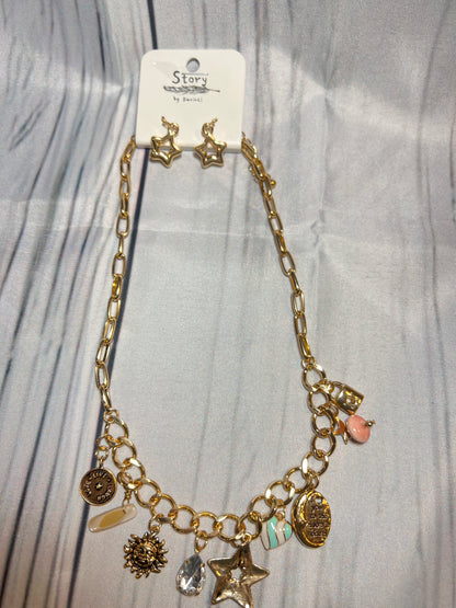 Trendy charm necklace with matching earrings set